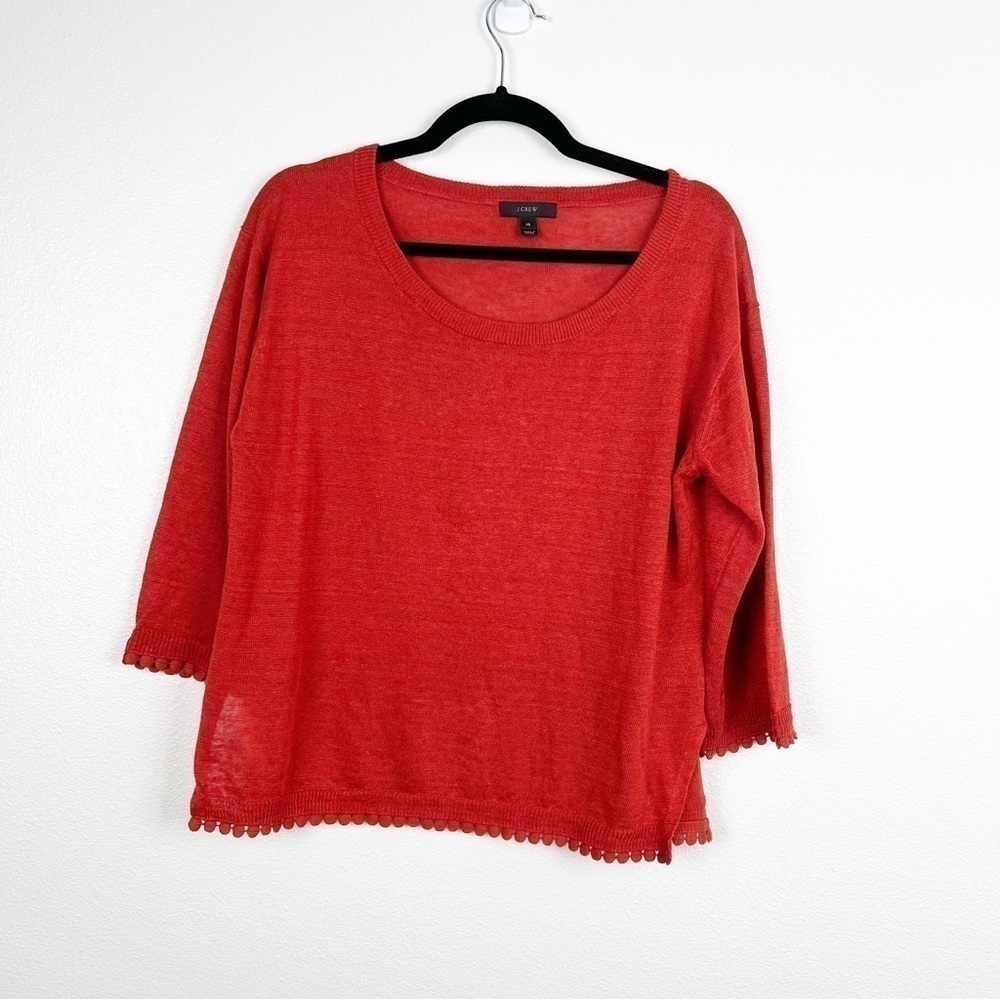 J Crew Linen Sweater With Pom Pom Trim Red Sz XS